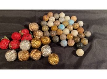 A Group Of Vintage Marble And Hand Painted Decorative Walnuts.