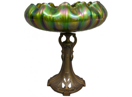Vintage Art Nouveau Loetz Bohemian Ruffled Art Glass Pedestal Bowl