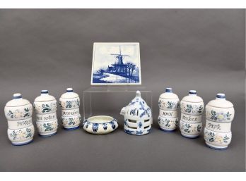 Collection Of Delft And Set Of Six Spice Jars Purchased In Prague