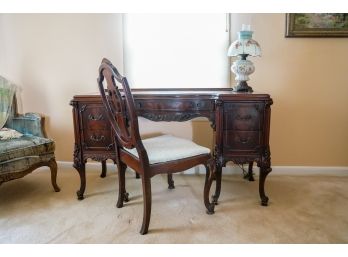 Antique Flame Mahogany Victorian Desk With Chair