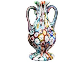 Murano Italian Hand Blown Double Handled Millefiori Art Glass Vase