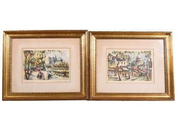 Pair Of Signed Marius Girard (French, 1927 - 2014) Watercolor Paintings Of Parisian Street Scenes