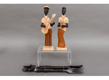 Pair Of Hand Carved Wood Figurines And African Themed Serving Spoon And Fork