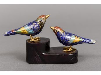 Cloisonne Bird Figurines On Wooden Stand