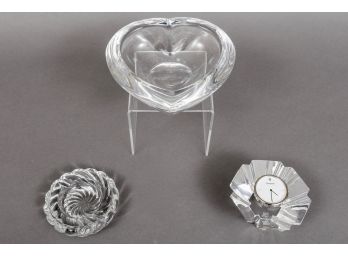 Orrefors Sweden Crystal Table Clock, Heart Shaped Bowl And Crystal Ashtray