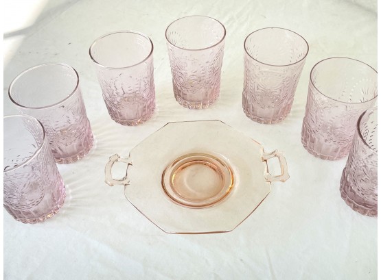 Pretty In Pink, Six Anthropologie Tumblers And Cambridge Handled Plate