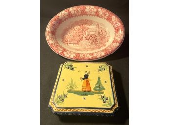 Vintage Quimper Trivet And Pink Colonia Bowl By Wood & Sons, England