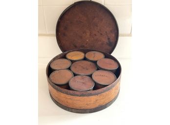 Antique Round Bentwood & Tin Spice Box - Holds Eight Containers Inside