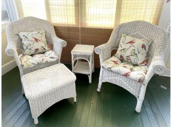 Vintage Pair Of White Wicker Chairs With Cushions By Newport, Ottoman And A Small Side Table