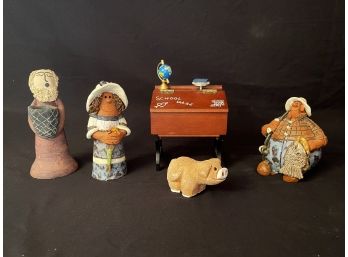 Vintage Signed 2001 Sara Meadows Balloon People Figures - Signed Woman, Berkeley Designs Music Box & Clay Man