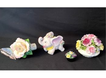 Coalport  Porcelain Bouquets,  Lefton China Dumbo Bank And Porcelain Rose & Butterfly Nightlight