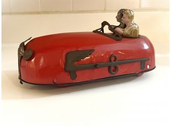 Vintage 1930'S Lindstrom Skeeter Bug / Doodlebug Red Tin Wind-Up Bumper Car With Passengers