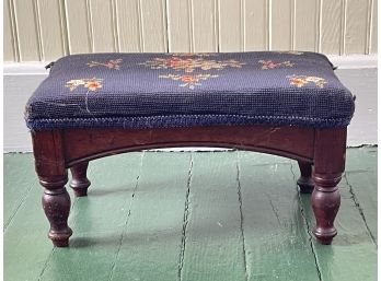 Antique Needlepoint Upholstered Mahogany Footstool With Turned Legs