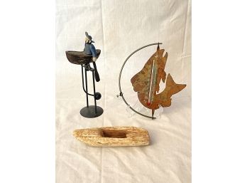 Hand Whittled Man In Row Boat And Driftwood Boat With Copper Fish Thermometer