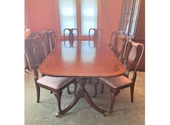 Mahogany Dining Table With Eight Padded Chairs & Two Leaves