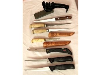 Vintage Fishing- Filet Knives- Signed J. Martini Finland Rapala- Warther & Sons- American Angler & Sharpeners