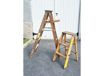 Pair Of Wooden Step Ladders With Blue Ribbon Five Feet Ladder & Babcock Three Feet Step Ladder