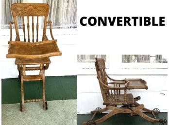 Antique Child's High Chair And Stroller With Cane Seat - Circa Late 1900's