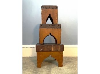 Trio Of 19th Century Primitive Farmhouse Graduated Ogee Form Carriage Foot Stools / Steps