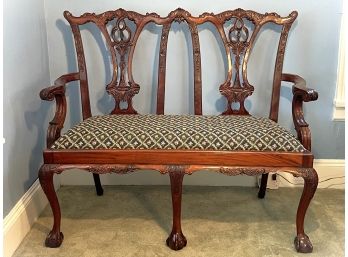 Vintage Carved, Mahogany Ball In Claw, Chippendale Style Settee Bench