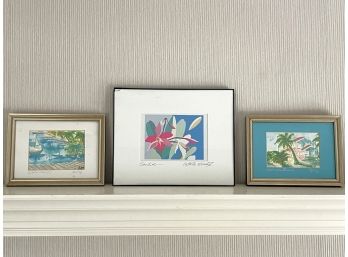 Three Vibrantly Colored Beach And Floral Themed Art Pieces - Signed ,Framed And Matted