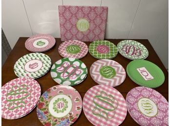 24 Melamine 10in Plates Monogrammed 'JJD' With Glass Cutting Board