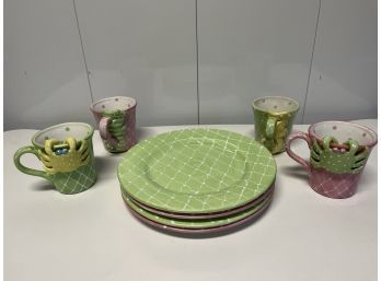 Pink And Green Ceramic Dishes And Matching Crustacean-themed Cups