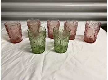 Five Pink Two Green Decorative Drinking Glasses  3x4.5in Nice Feel Beautiful Chip Free From Neiman Marcus