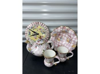 Mackenzie-Childs Tea Pot Clock Bowl And Two Cups Floral Ceramic