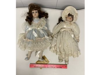 2 Adorable Dolls In Dresses, Mann, Petticoats And Lace, One Plays Music