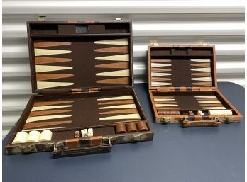 Two Sets Vintage Travel Backgammon Game In Cases One Is Magnetic Large Pieces Are 1.5in  Lg 14.7x10 Sm 10.5x7