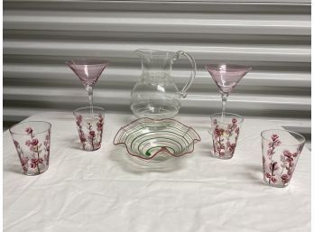 Jaliska Water Pitcher Martini Glasses Poland Crystal Signed Art Glass Bowl Four Hand Painted Drinking Glasses