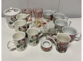 Assortment Of Pink And Flowery Dishes, Plates, Mugs, Glasses, Small Pitchers, All Glass And Ceramic