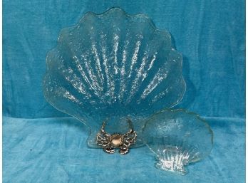 Two Shell Shaped Glass Serving Dishes One With Metal Crab.