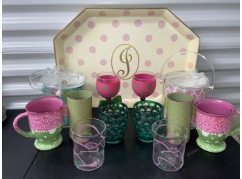 Pink And Green Bar Collection Tray Ice Buckets Wine Tumblers Cups Signed Handblown Glasses