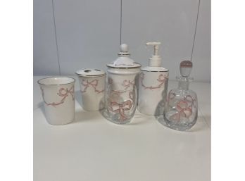 Set Of 6, Bathroom Storage And Glass, With Pink Ribbons, Dispenser And Jars, Glasses