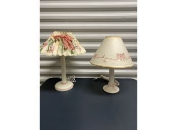 Two Table Lamps White And Pink Accents 14.5in  Over 13ft Cord On The Pink Ribbon Light With Two Shades