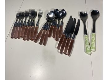 Set Of Pink Silverware, And Green Salad Spoon And Fork, Missing One Large Spoon