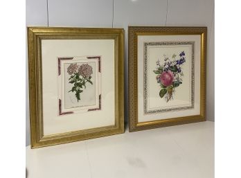 2 Prints Of Flowers, With Detailed Charming Gold Frames