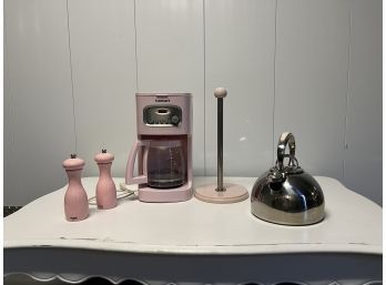 Collection Of Light Pink Kitchen Supplies Kitchen Aid And Cuisinart Coffee Maker Tea Kettle Salt & Pepper
