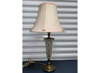 Vintage Cut Glass Lamp With Pink Shade And Brass Pieces 25in Tall