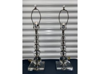 Pair Beautiful HEAVY Glass Crystal Lamp 6.75x28in Gorgeous Smooth Spheres Lights From Gracious Home NYC