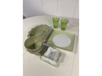 Light Green Dining Set, 2 Glass Cups, 1 Small Matching Bowl And Plate, 2 Bowls And Matching Dish