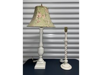Two White Table Lamps One Floral Light Shade 32in And 21in