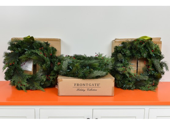 Set Of Three Frontgate 24' Winter Pine LED Cordless Wreath - Clear Lights