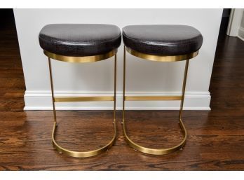 Pair Of Alder & Tweed San Rafael Burnished Brass And Top Grain Leather Counter Stools