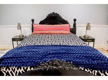 Vintage Carved High Gloss Black Queen Size Bed Frame With Sealy Posturepedic Mattress, Boxspring And Bedding
