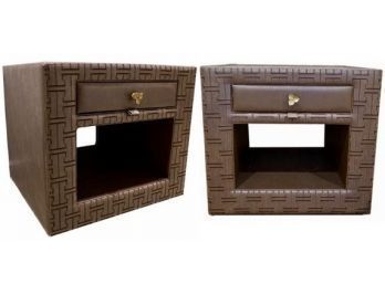 Pair Of Custom Leather Single Drawer Night Stands With Glass Inset Top (RETAIL $4,950 -See Receipt)