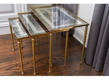 Neoclassical French Brass And Eglomise Glass Nesting Tables Attributed To Maison Bagues