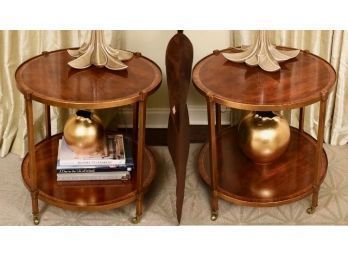 Pair Of Modern History Round Brass Double Tiered Mahogany Side Tables On Casters
